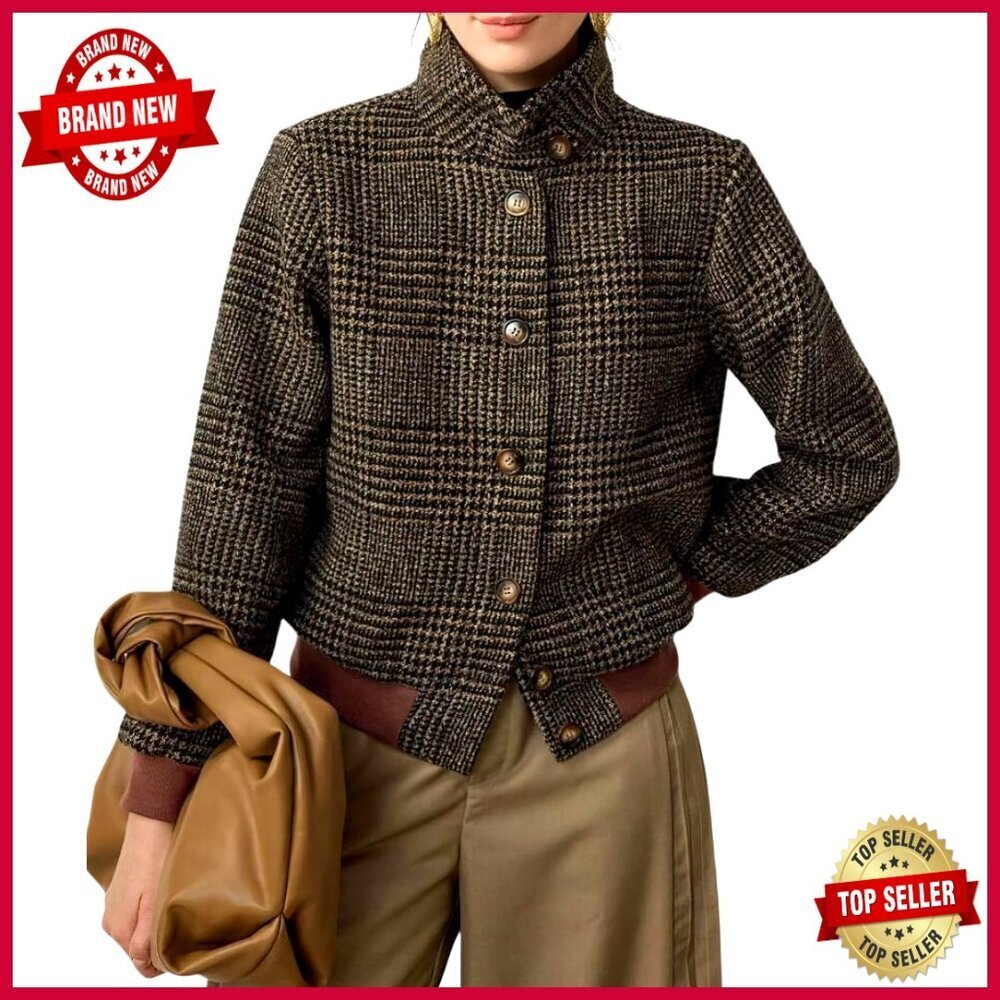 Wool Bomber Jacket Cropped Boyfriend Fit Plaid Pattern Fall Winter Outerwear